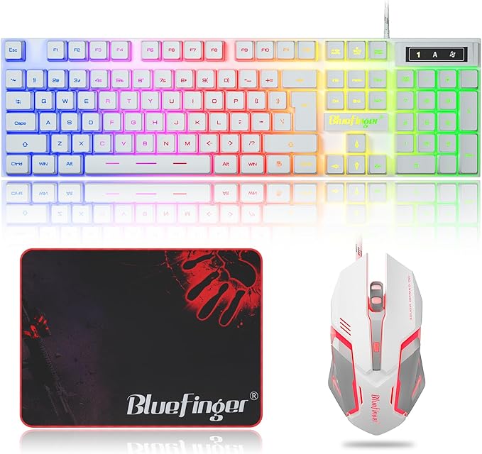 BlueFinger RGB Gaming Keyboard and Backlit Mouse Combo, USB Wired, LED Gaming Set for Laptop PC Computer Game and Work(White)