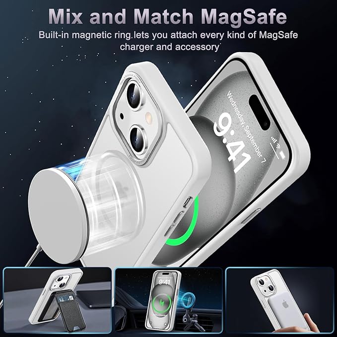 Newfuture Magnetic for iPhone 15 Case [Compatible with Magsafe] [Military Grade Drop Protection] Translucent Matte Anti-Fingerprint Shockproof Phone Case for iPhone 15 6.1 inch, Frosted White