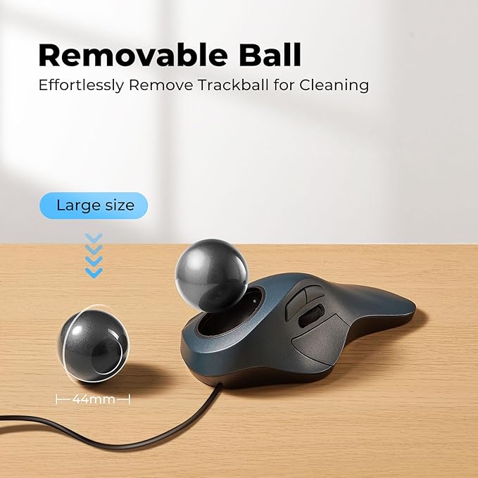 Wired Trackball Mouse for Large Hands, Ergonomic Design Reduces Wrist & Muscle Strain, Precision Tracking with Easy Index Finger Control, Compatible with PC, Laptop, Windows, Mac, Black