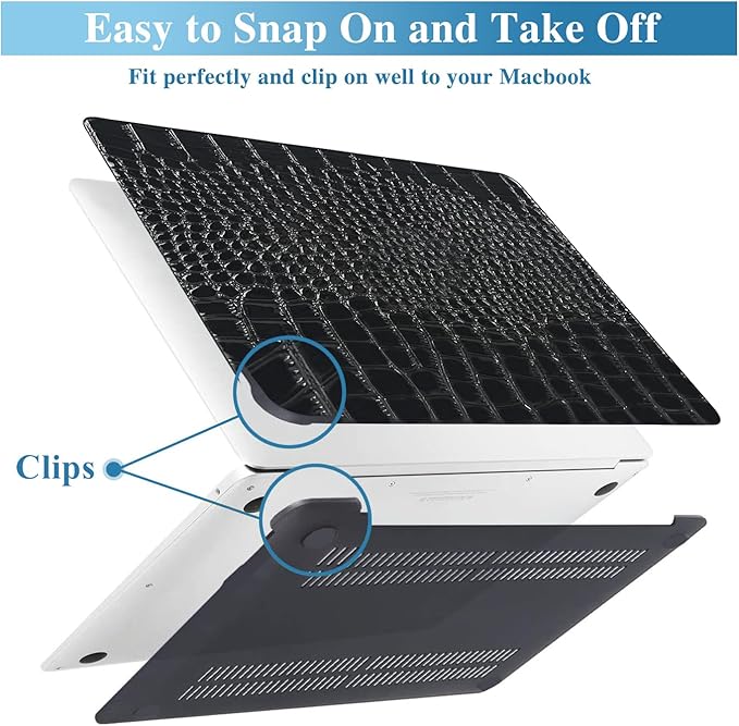 Compatible with Crocodile MacBook Air 13 inch Case 2021 2020 2019 2018 M1 A2337 A2179 A1932, Textured Elegant Luxury Aligator Skin Snakeskin PU Leather Hard Shell & Keyboard Cover, Shiny Black