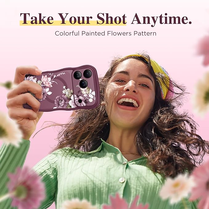 GVIEWIN for iPhone 17 Pro Max Case Compatible with MagSafe [Curly Wave Edge][Full Camera Protection] Floral Translucent Shockproof Magnetic Women Phone Case for 17 Pro Max, Cherry Blossoms/Burgundy