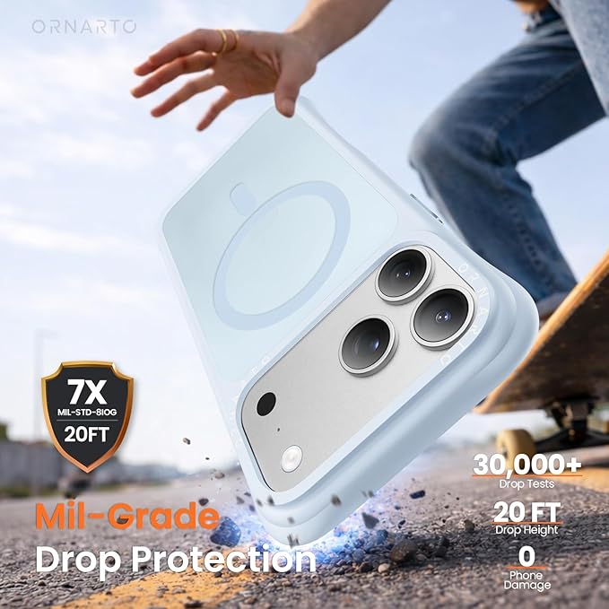 ORNARTO Magnetic for iPhone 17 Pro Max Case, 20FT Military-Grade Drop Protection, Compatible with MagSafe, Slim Shockproof Translucent Matte Phone Case for iPhone 17 Pro Max 6.9", Baby Blue