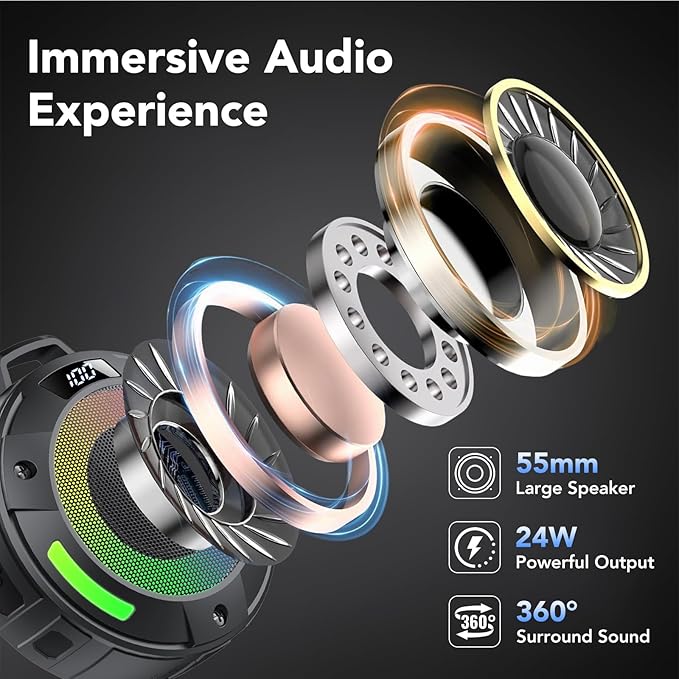 Bluetooth Speaker, 2026 Portable Wireless Shower Speaker, Digital Display Portable Speaker with Detachable hook ,IPX7 Waterproof with LED Light, HD Sound & Bass for Bathroom, Pool, Beach & Outdoor