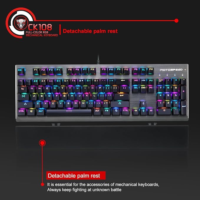 MOTOSPEED CK108 RGB LED Backlit Wired Mechanical Gaming Keyboard, 108 Keys Hot-Swap Mechanical Keyboard w/Aluminum Base, Upgraded Socket and Noise Absorbing Foams, Soft Tactile Red Switch ﻿