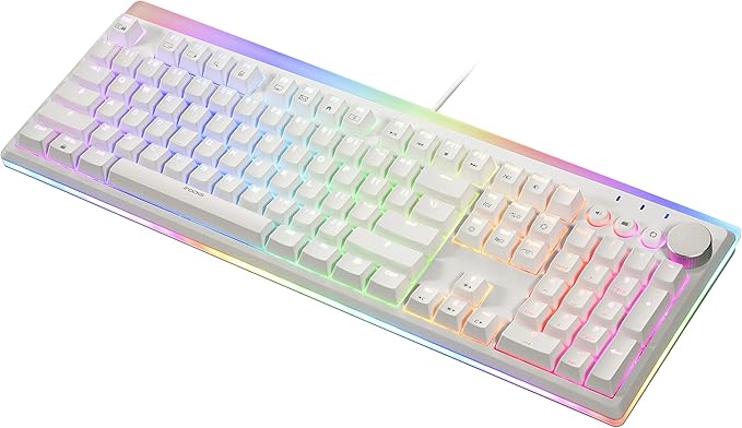 i-rocks K71M RGB Mechanical Gaming Keyboard with Media Control Knob, Switches (Red), 107 Keys w/Full NKRO, PBT Keycaps, Multimedia Hotkeys, Detachable USB-C Cable and Onboard Storage, White