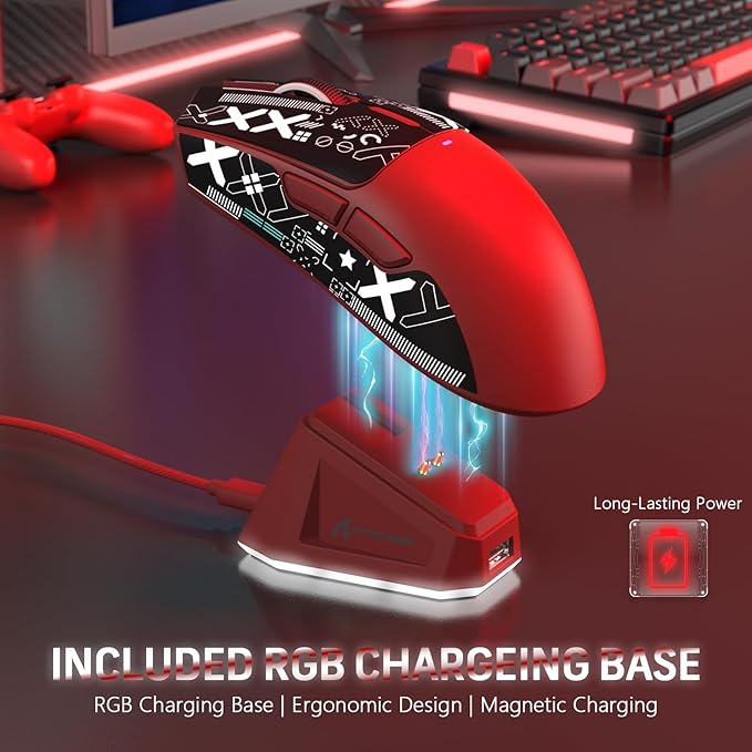MAGIC-REFINER Attack Shark X11 59g Superlight Wireless Gaming Mouse with Grip Tape, RGB Charging Dock，BT/2.4G Wireless/Wired Pc Mouse, 22000 DPI,5 Programmable Buttons for Pc/Mac(Red)