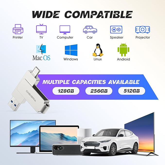 DIGIERA 256GB 2‑in‑1 USB‑A & USB‑C Flash Drive, USB 3.2 Gen 1 Thumb Drive, 500MB/s Read 400MB/s Write, 360° Swivel Compact Aluminum Memory Stick for File Transfer, Backup & Travel Storage