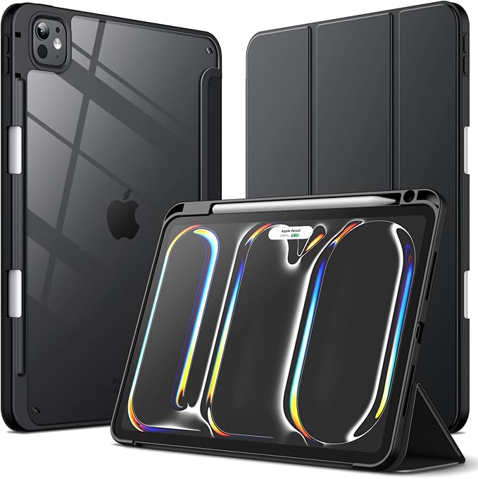JETech Case for iPad Pro 11-Inch M5/M4 2025/2024 (6th/5th Generation) with Pencil Holder, Clear Transparent Back Shell Slim Stand Shockproof Tablet Cover, Auto Wake/Sleep (Black)