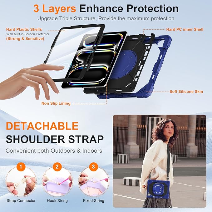 Case for iPad Pro 13 Inch M5 2025/ M4 2024, Ubearkk for iPad Pro 13 Inch case with Screen Protector, 360 Degree Rotating Stand Shoulder Strap Pencil Holder,Military Grade Shockproof, Navy Black