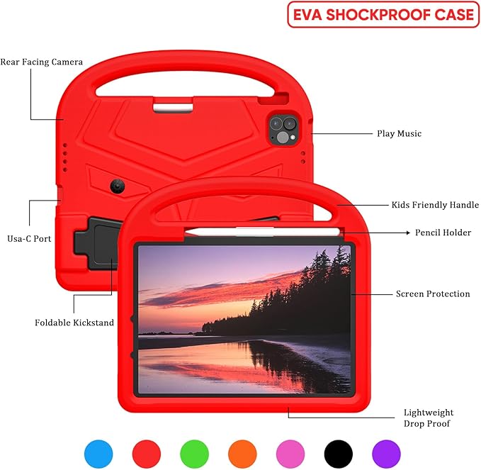 Kids Case for Apple iPad Pro 11 inch M5/M4 Tablet (2025/2024) with Pencil Holder/Handle/Kickstand Slim Lightweight Cute Soft EVA Foam Shockproof Stand Cover for Boys Girls Teens, Red Bird