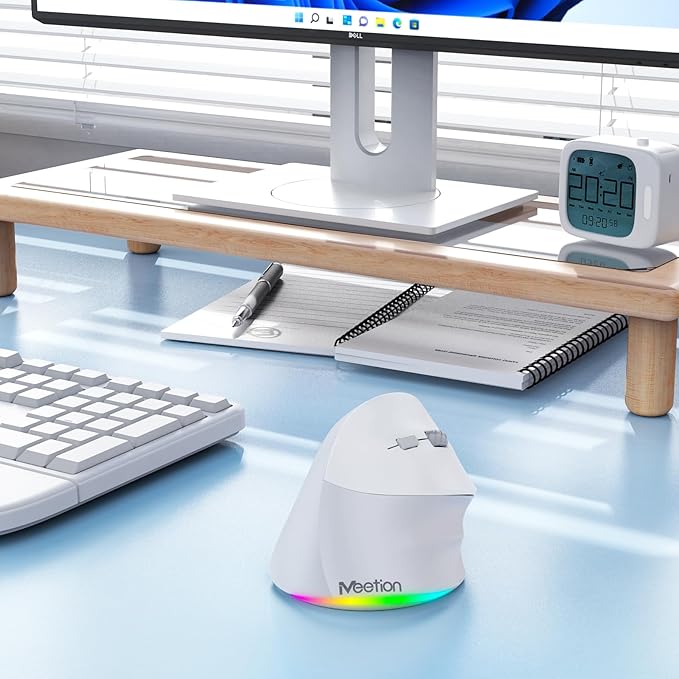 MEETION Ergonomic Mouse, Wireless Vertical Mouse RGB Backlit Rechargeable Mice for Bluetooth(5.2 + 3.0) & USB-A with Type-c Adapter 4 Adjustable DPI Mac/Windows/Andriod/Tablet/iPad Gray