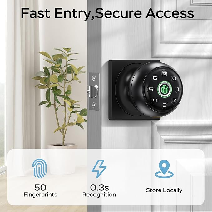 GeekTale Fingerprint Door Lock for Bedrooms, Fingerprint Door Knob with Lock, Smart Door Lock, App Control, Back-up Keys, Thumbprint Door Knob for Bedrooms, Office, Apartment