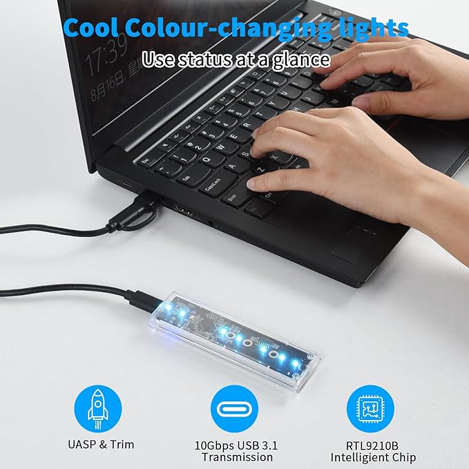 ELUTENG Transparent M.2 NVMe SSD Enclosure with Colorful LED Lights, 10Gbps M2 SSD Enclosure Tool-Free NVMe to USB Adapter External Enclosure for M-Key SSD 2230 2242 2260 2280 Sizes Support UASP Trim