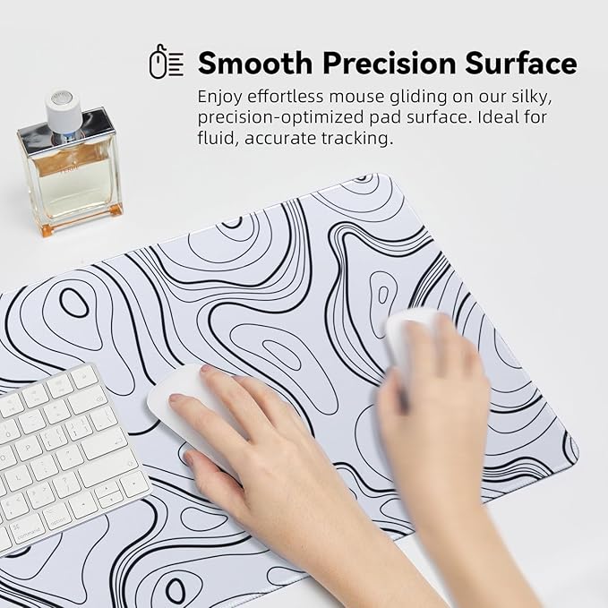 Reniteco Waterproof Large Gaming Mouse Pad with Durable Stitched Edges, Non-Slip Rubber Base, Grainy Jacquard Mouse Mat Desk Pad for Home Office Gaming, 31.5''x11.8''x0.12'', Topographic Map White