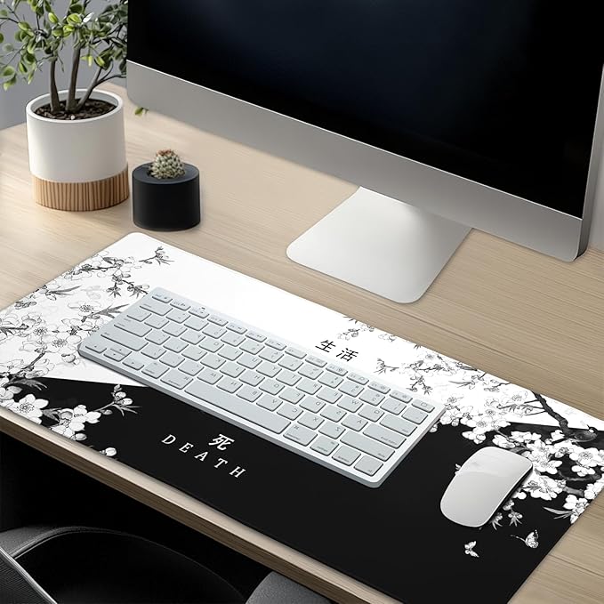 Black and White Cherry Blossom Gaming Mouse Pad XL，Large Mouse Pad Japanese Sakura Death Life Mouse Mat Desk Pad, Extended Stitched Non-Slip Rubber Edges Mousepad 31.5 X 11.8 Inch