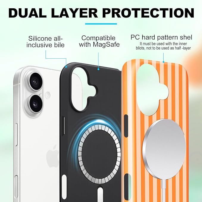 Magnetic for iPhone 16 Case Cute Stripes Phone Case, Shockproof Slim TPU and Hard PC Protective Phone Cover Compatible with MagSafe Designed for Women Girls, Orange