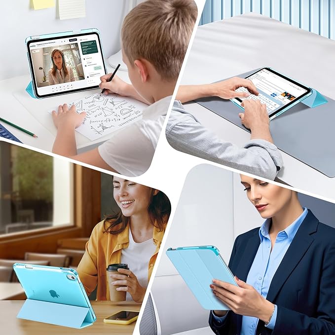 MoKo for iPad Air 11 inch Case (M4/M3/M2) 2026/2025/2024, iPad Air 5th/4th Gen 10.9 inch Case 2022/2020 with Pencil Holder, Slim Light Trifold Cover with Hard PC Translucent Back Shell, Cyan