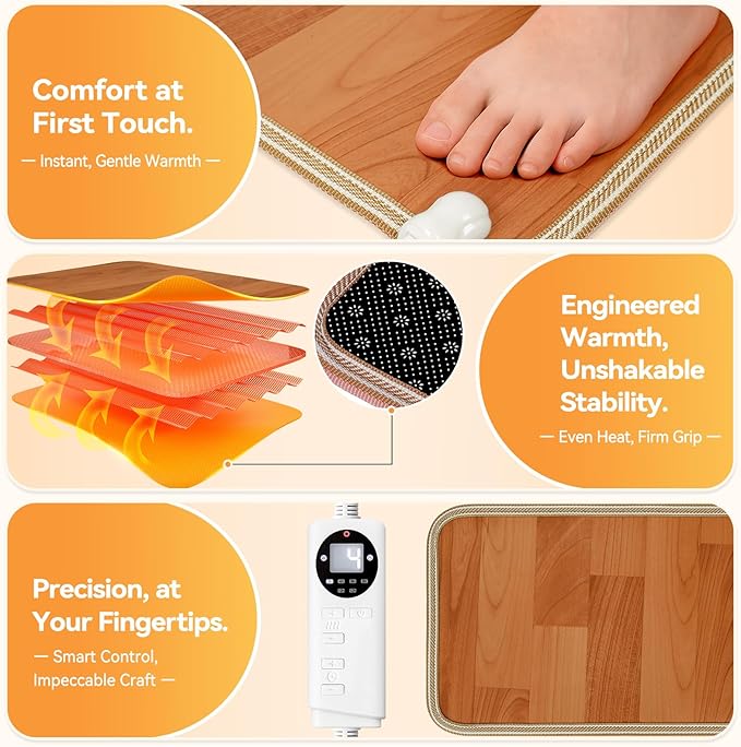 Heated Floor Mat, Foot Warmer Under Desk with 12 Adjustable Temperature & 12H Timer, 20"x12" Electric Heating Pad for Office Home, Safe with Shoes On, Brown Wood Grain, Feet Rest for Desk