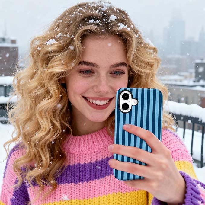 Magnetic for iPhone 16 Plus Case Cute Stripes Phone Case, Shockproof Slim TPU and Hard PC Protective Phone Cover Compatible with MagSafe Designed for Women Girls, Lake Blue