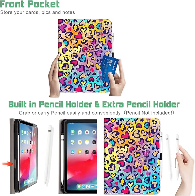 for iPad (A16) 11Th/10Th Generation Case 2025/2022, for iPad Case 11Th/10Th Generation, 10Th/11Th Gen iPad Cover Pencil Holder/Hand Strap/Pocket/Adjustable Stand, Love Leopard