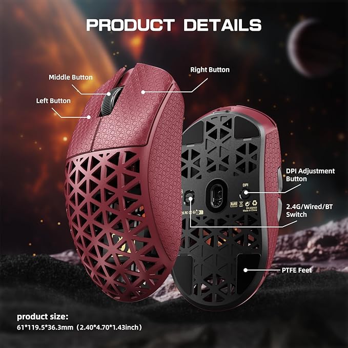 MAMBASNAKE M5 Ultra Carbon Fiber 8KHz Wireless Gaming Mouse,PAW3950MAX Sensor 42K DPI,39g Superlight Tri-Mode 2.4GHz/BT/Wired Computer Mice,Web Driver Support,for Win/Mac/FPS/MOBA/Esports-Red (B)