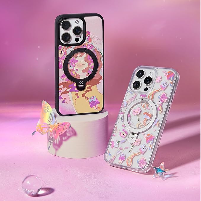 CASEKOO Floral Series [ArtCollab x Leah Han] Floral Jellyfish for iPhone 16 Pro Max Case with Magnetic Ring Stand [Compatible with MagSafe] [Military-Grade Protection] Clear Back, Soft Edge, for Women