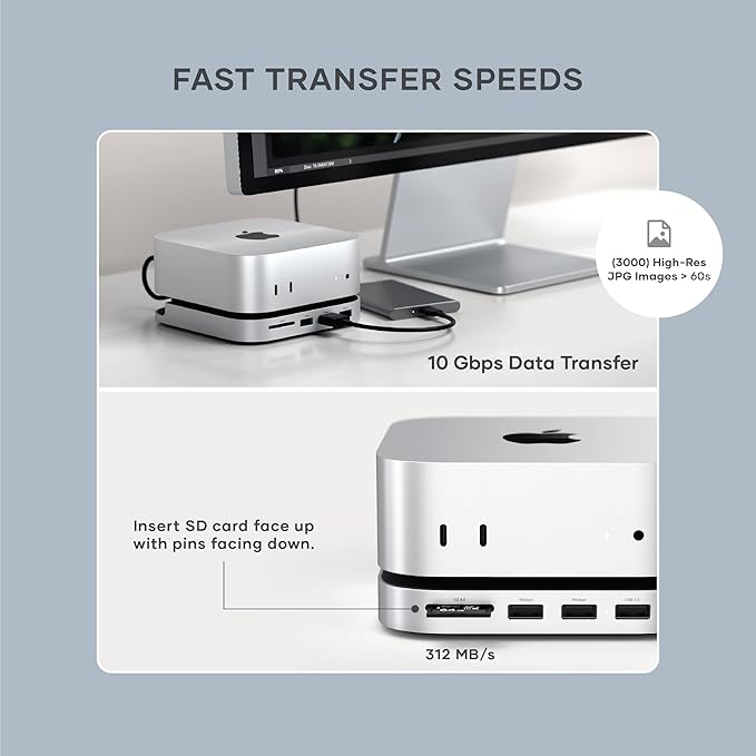 Satechi Mac mini M4 Hub & Stand with NVMe SSD Enclosure, Mac mini M4 Dock with 2xUSB A Up to 10Gbps, USB A Data Port, SD Card Reader, Optimized Self-Cooling - Silver