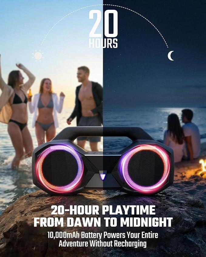 Bluetooth Speaker 80W(Peak)Loud with Bass, 20H Playtime, IPX7 Waterproof, RGB Lights, TWS, Large Portable Wireless Speakers for Outdoor, Home, Party, Pool, Beach, Tailgating, Gym, Work, Gifts (Black)