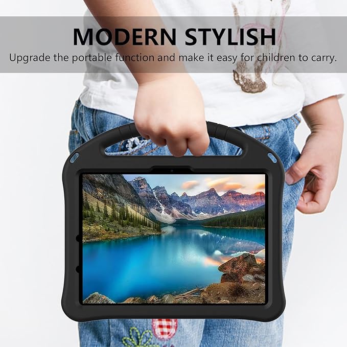 Kids Case for iPad Air 11 inch M4/M3/M2 (2026/2025/2024) with Pencil Holder/Shockproof Handle/Kickstand/Slim Lightweight Soft EVA Foam Folio Stand Tablet Protective Girls Boys Cover, Black