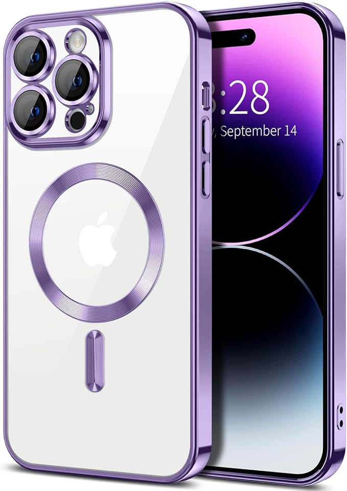 Hython Magnetic Clear for iPhone 14 Pro Max Case with Camera Lens Protector [Compatible with MagSafe] Plating Edge Slim Soft TPU Cover Protective Phone Case for iPhone 14 Pro Max 6.7", Light Purple