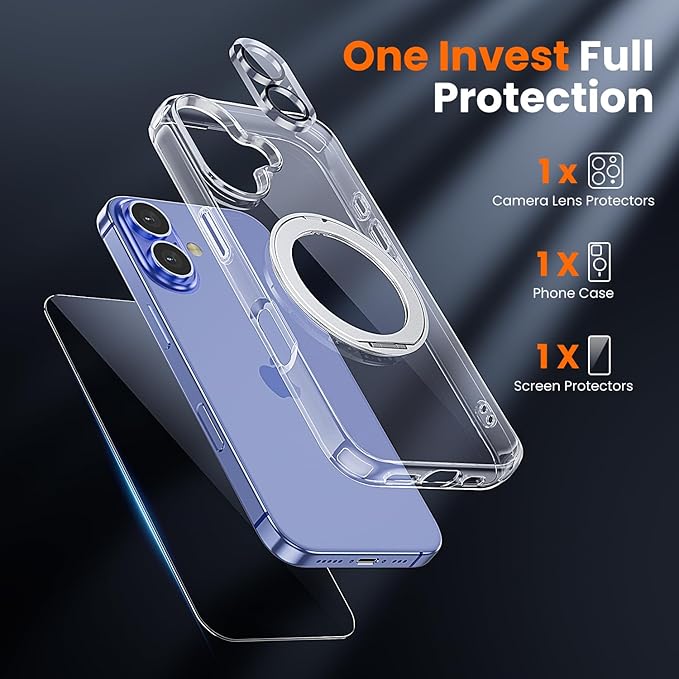 toushion 3 in 1 for iPhone 16 Plus Case Clear Ring Holder | Screen Protector *1 & Camera Lens Protector*1, Not Yellowing, Build in Kickstand, Military-Grade Protection