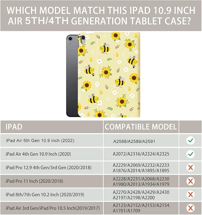iPad Air 11 Inch Case M3/M2 (2025/2024), Case for iPad Air 5th/4th Generation 2022/2020 Women Girls Multi-Angle Adjustable Stand Soft PU Leather Shockproof Back Cover Auto Wake/Sleep, Flower Bee