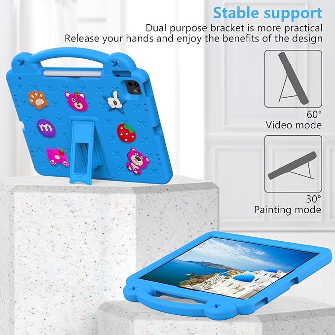 Cute Kids Case for Apple iPad Air 13" M4 M3 M2 2026 2025 2024/ iPad Pro 13 2025 2024/ Pro 12.9 2022/2021/2020/2018, DIY Figures Kickstand EVA Handle Case with Shoulder Strap Shockproof Cover,SkyBlue