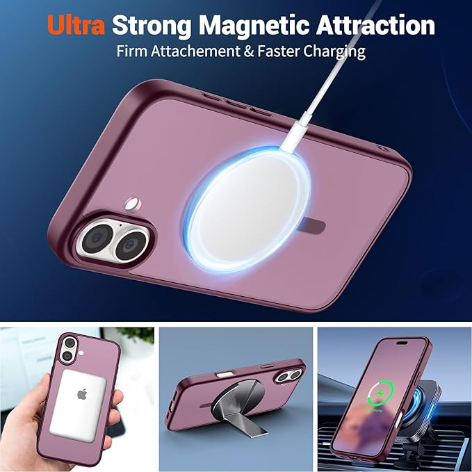SUPFINE Magnetic for iPhone 16 Plus Case(Compatible with MagSafe)(10 FT Military Grade Drop Protection) Slim Translucent Matte Shockproof with Anti-Fingerprint Phone Case,Wine Red
