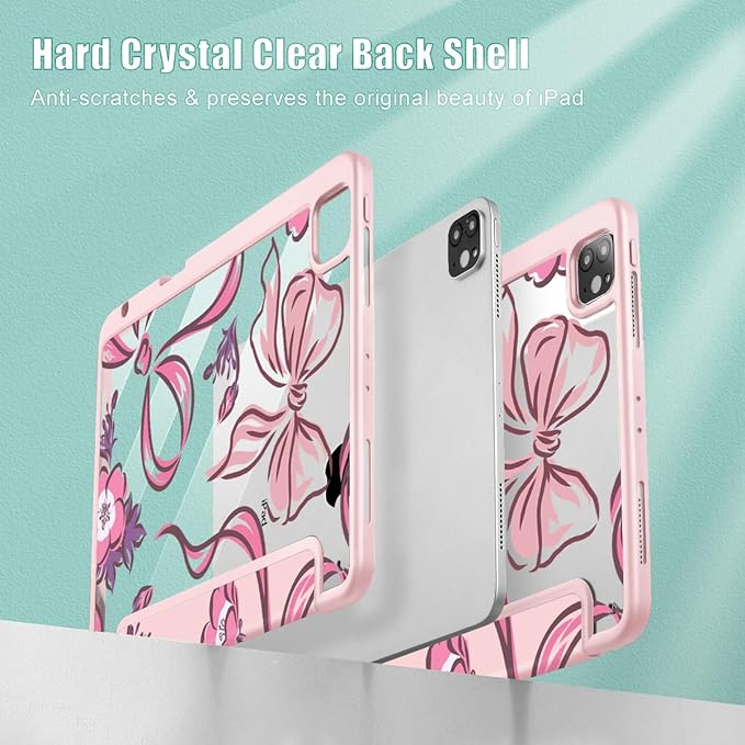 Mektron Case for iPad Pro 11 inch (4th, 3rd, 2nd & 1st Gen) 2022 2021 2020 2018, Buit in Pencil Holder with Shockproof Cover Clear Shell + Auto Wake/Sleep, Flowers-Bows-Pink