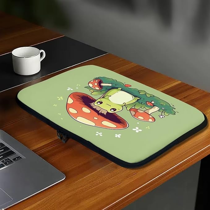 Cute Frog Laptop Protective Sleeve for Women Men 15 Inch Computer Sleeve Neoprene Laptop Bag Mushroom Lap Top Case Suitable for Travel School Office Organizers Green