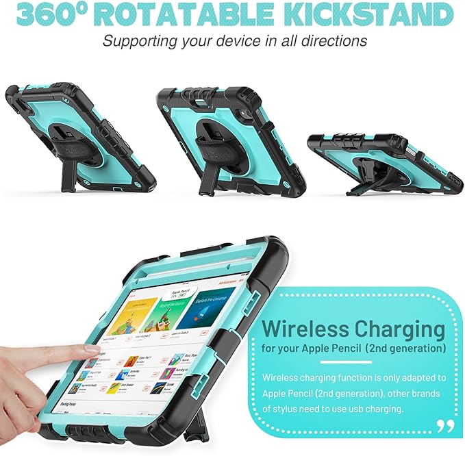 SEYMAC stock Case for iPad Mini 7 (A17 Pro)2024/ Mini 6 8.3'' with Screen Protector Pencil Holder [360 Rotating Hand Strap] &Stand, Drop-Proof Case for iPad Mini 7th/6th Generation 8.3", SkyBlue+Black