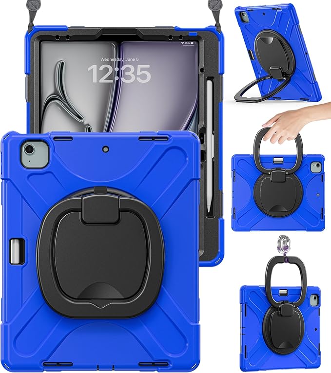 BRAECN for iPad Air 13 Inch Case M4 2026/M3 2025/M2 2024, iPad Pro 12.9 (6th/5th/4th/3rd Gen), Heavy Duty Shockproof Cover with Pencil Holder, Rotating Handle Grip, Kickstand, Shoulder Strap, Blue