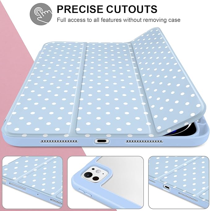Case for iPad Pro 11 Inch (M5 2025 M4 2024) – [Built-in Pencil Holder], Shockproof & Stylish, Clear Hard Back + Soft TPU Edge, Magnetic Trifold Stand, Auto Wake/Sleep, Blue White dot