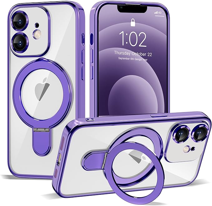 Compatible with iPhone 12 Case with Invisible Magnetic Ring Stand [Compatible with Mag-Safe] [Full Camera Lens Protector] Plating Clear Phone Case for iPhone 12 6.1", Purple