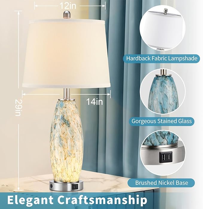 29" Tall Table Lamps Set of 2, Large Modern Lamps for Bedroom with Nightlight, Coastal Bedside Lamps with USB C+A, Glass Nightstand Table Lamps for Living Room, Bulbs Included