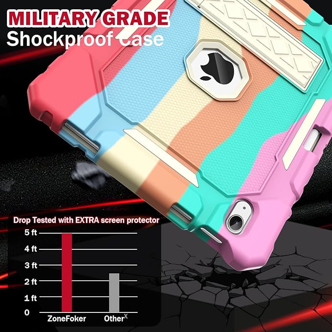 ZoneFoker Case for iPad (A16) 11th/10th Generation 11/10.9 inch 2025/2022, Heavy Duty Military Grade Shockproof Rugged Cover with Pencil Holder/Stand for i Pad 11th / 10 th Gen (Colorful)