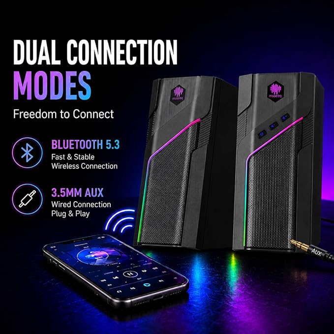 RGB Gaming Speakers for PC, W-206RE Desktop Computer Speakers with 21 LED Light Modes, Touch-Control Lighting, USB Powered Stereo Sound for Laptop & PS5