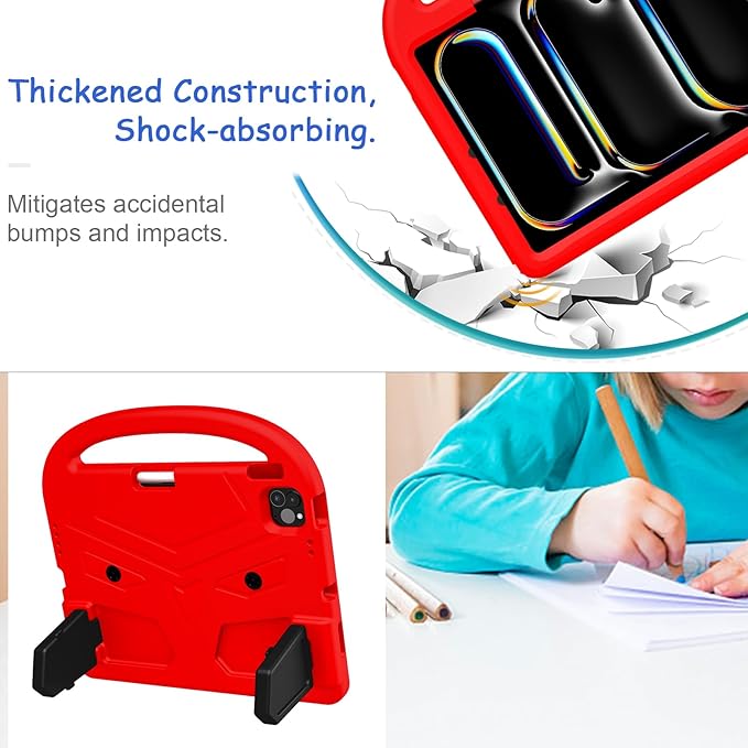 Kids Case for iPad Pro 11" M5 2025/M4 2024 & iPad Air 11" M3 2025/M2 2024, Techcircle Child Shock Proof EVA Protective [Support Pencil Charging] Handle Stand Cover, Red