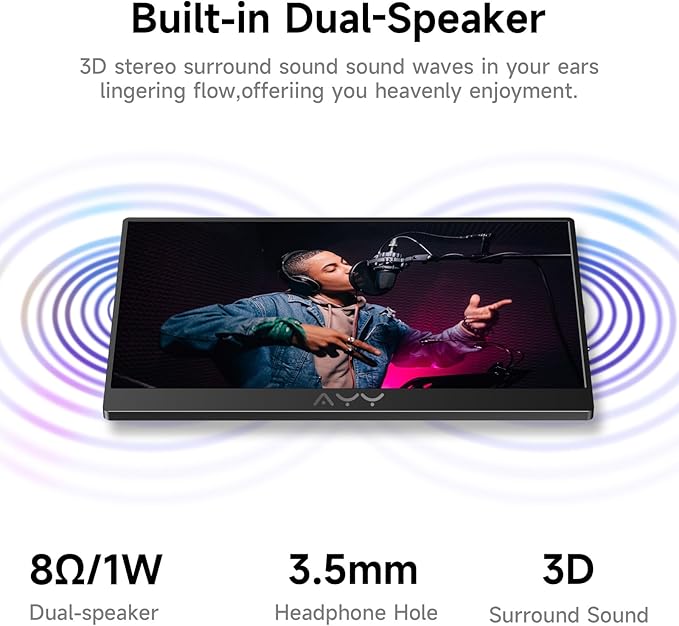 AYY Portable Monitor for Laptop 15 Inch, FHD 1080P USB-C HDMI Travel Monitor External for Computer, Second Display HDR IPS Gaming Monitor Extender for PC MAC Phone PS4/5 Xbox Switch, Built-in Speakers