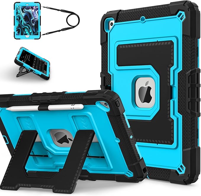 Kids Friendly Case for Apple iPad 10.2" 9th 8th 7th Generation 2021/2020/2019 Case with Pencil Holder & Shoulder Strap, Military Grade Shockproof Kickstand Hard Shell Protective Cover,Black+Blue