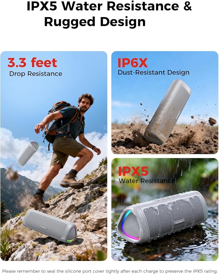 BolaButty Bluetooth Speaker Portable Wireless, IPX5 Waterproof, Up to 20H Playtime, TWS Pairing, BT5.3, for Home/Party/Outdoor/Camping/Beach Essentials, Birthday Gift (Grey)