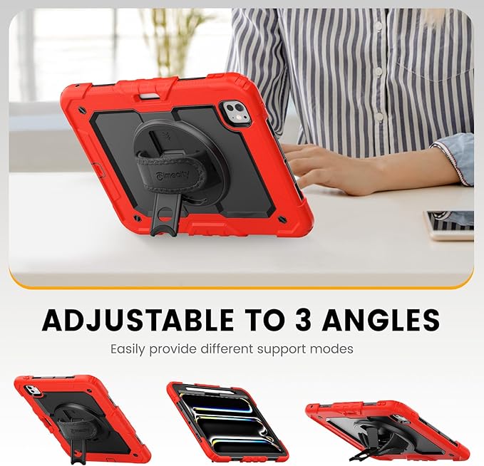 timecity Case for iPad Pro 11 Inch M5 2025 / M4 2024, 360° Rotating Stand, Pencil Holder & Wireless Charging, Shockproof with Screen Protector & Shoulder Strap - for Designers & Professionals, Red