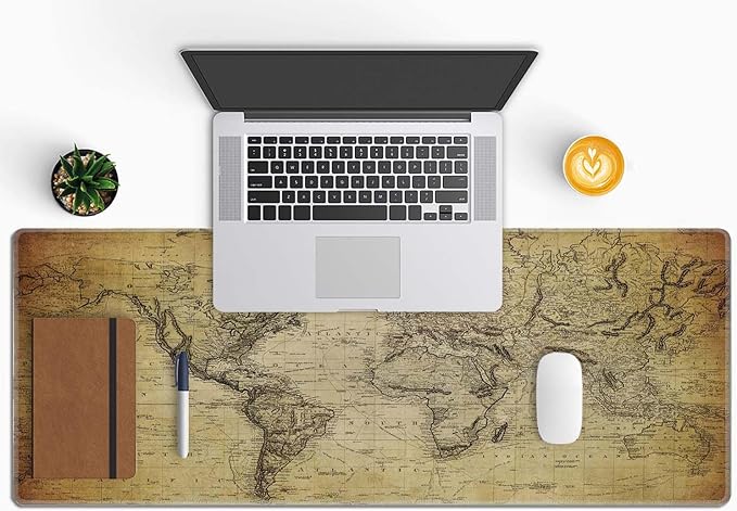 Gaming Mouse Pad Large, Keyboard Mouse Mat Desk Pad, Non-Slip Rubber Base with Stitched Edges Mousepad, 31.5X11.8 inch Vintage Retro World Map