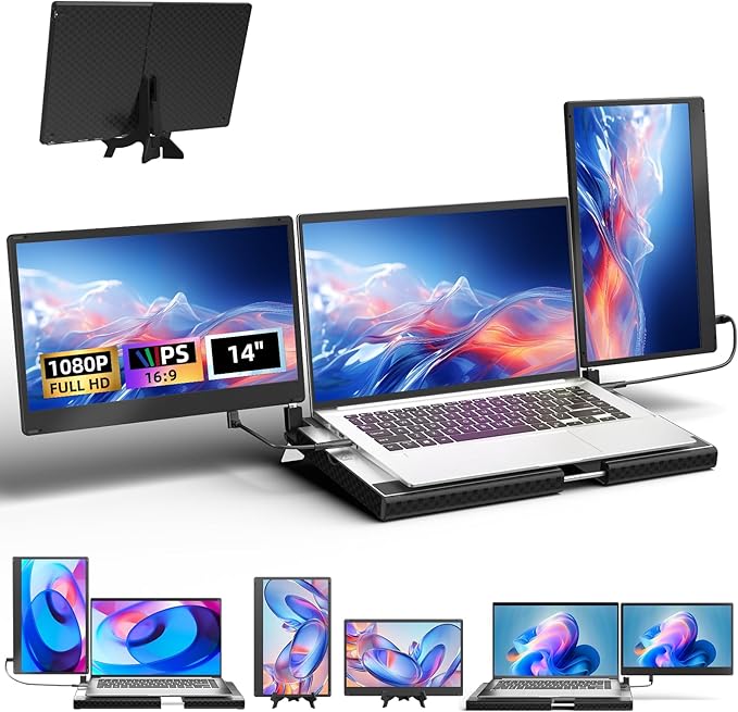 Laptop Screen Extender - 14" Triple Portable Monitor 360 Degrees Rotation IPS FHD 1080P Detachable Screen with Stand for Windows/MacChrome
